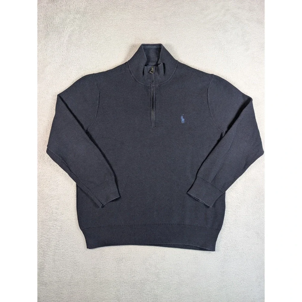 Polo Ralph Lauren Mens Navy Blue 100% Cotton Quarter Zip Pullover Sweater Large